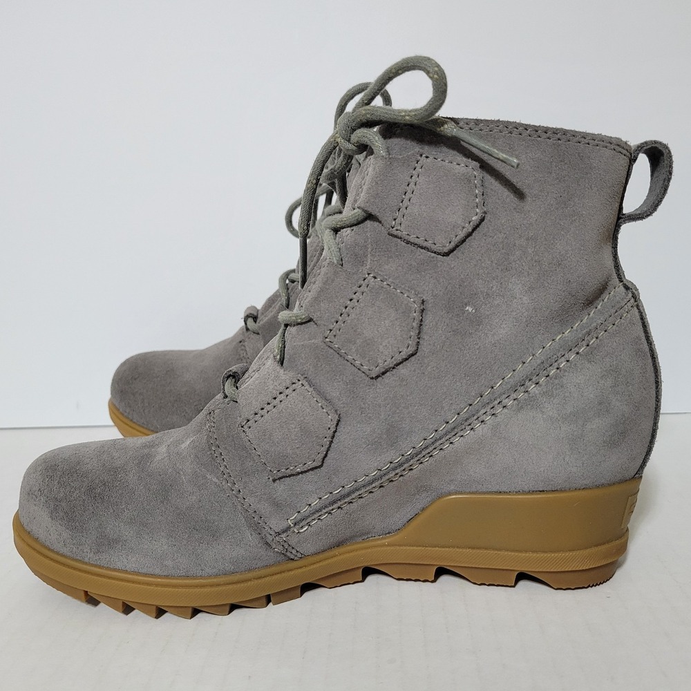 Sorel Evie Lace Wedge Bootie Boots Women Size 8 Gray Suede Leather Ankle - Picture 2 of 8